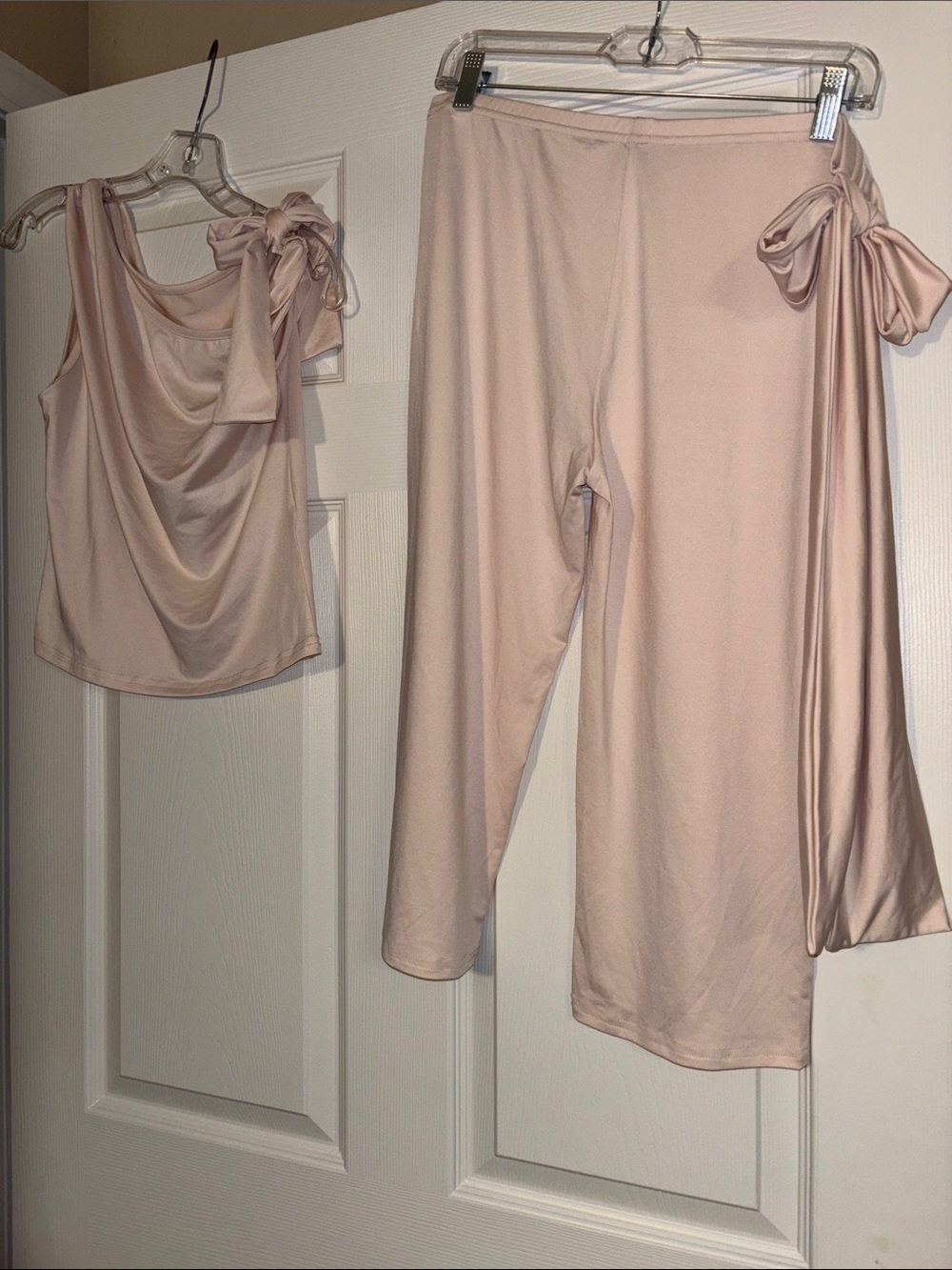 Fashion Nova Soft Blush Bow-Shoulder Top & Wide-Leg Pants Set